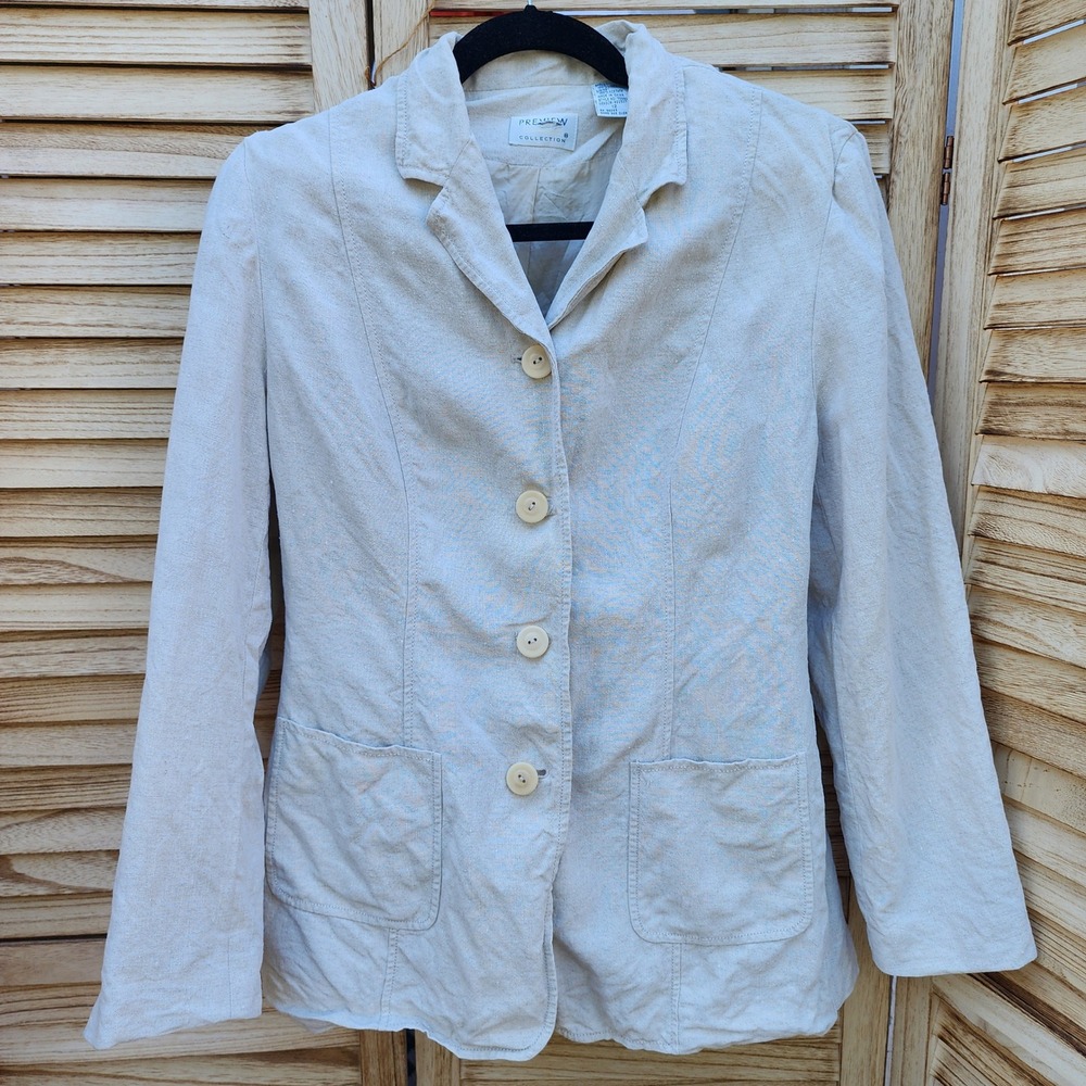 Vintage Preview Sz 12 Beige 100% Linen Button Up Blazer Jacket Minimalist Luxury